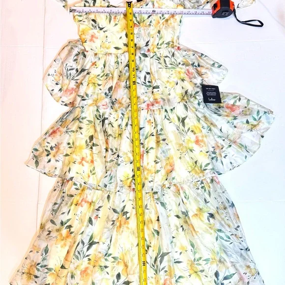 Lulus Yellow Floral Tiered Maxi Dress M Cottagecore Sweetheart Chiffon NWT - Picture 8 of 11